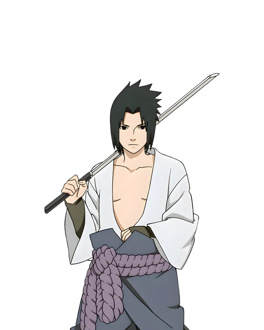 Ninja de cabelo escuro e manto branco aberto, com a espada apoiada no ombro